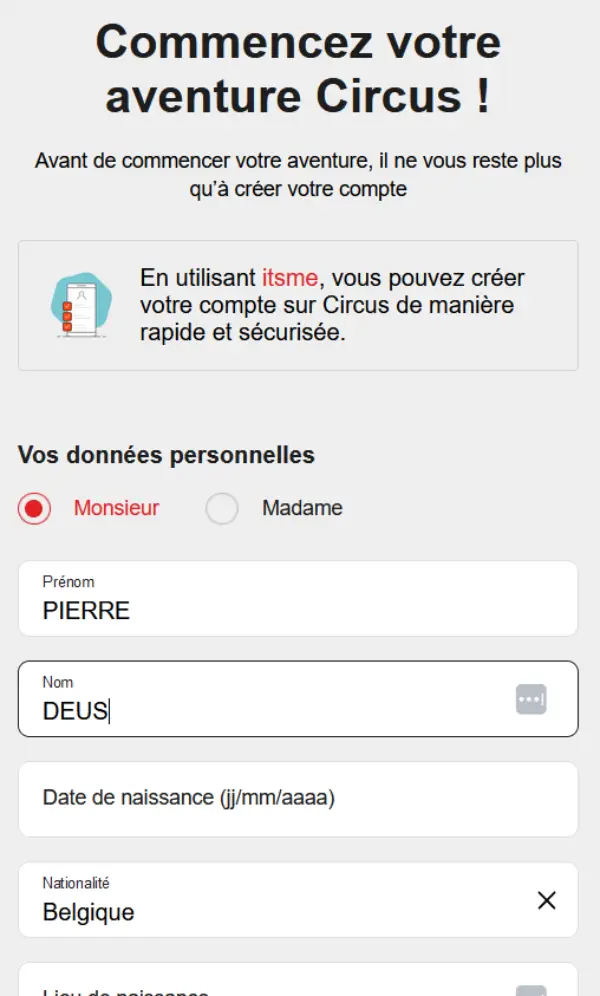 Code promo circus infos personnelles 